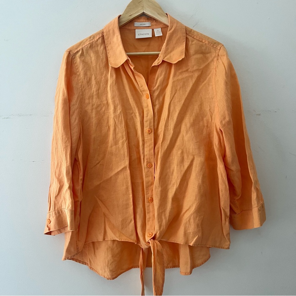 Chico's No-Iron linen button-down shirt in an orange 3/4 sleeves tie hem size 3